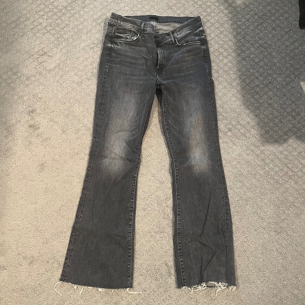 MOTHER Black Flare Wide Leg Jeans with Distressed Hem